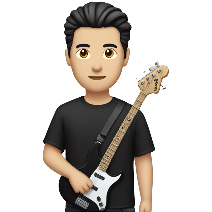  chinese guy with fair skin and man bun and black shirt and bass guitar emoji
