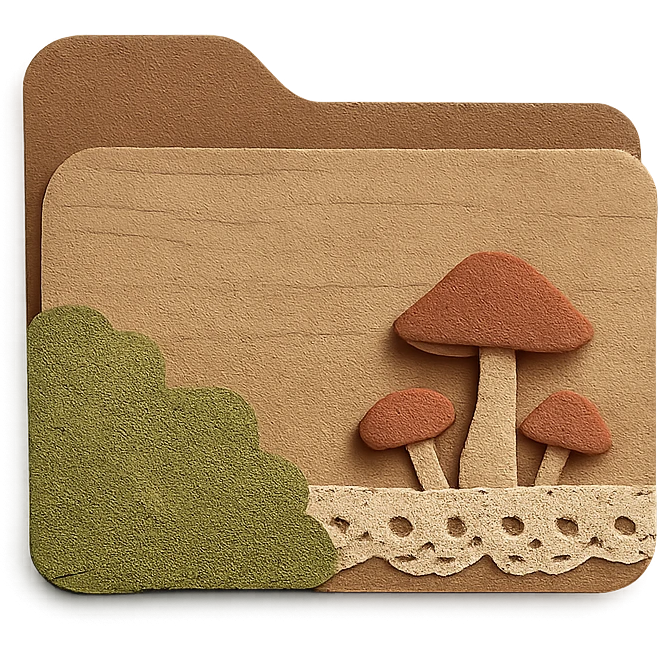 quaint folder icon in cottagecore style, folder made of wood and fabric, with moss, mushrooms, lace details, soft earthy palette, no text emoji