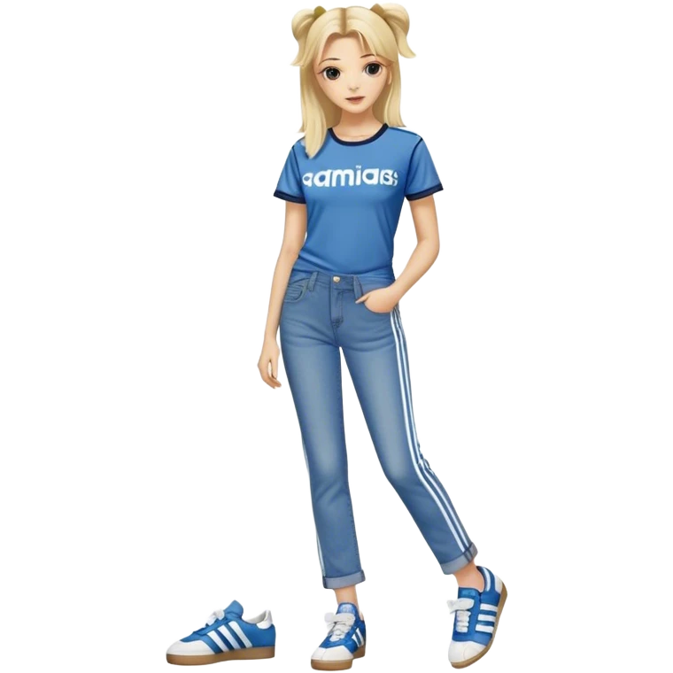 Beautiful Blonde woman standing up posing with one leg slightly crossed over the other leg, wearing denim straight jeans, a pair of adidas og samba shoes and a cute top with small bows on it emoji