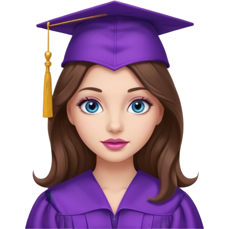 girl with gorgeous lightly curled long brown hair, blue eyes, long lashes makeup, sexy pink lips, wearing a purple graduation cap and gown emoji