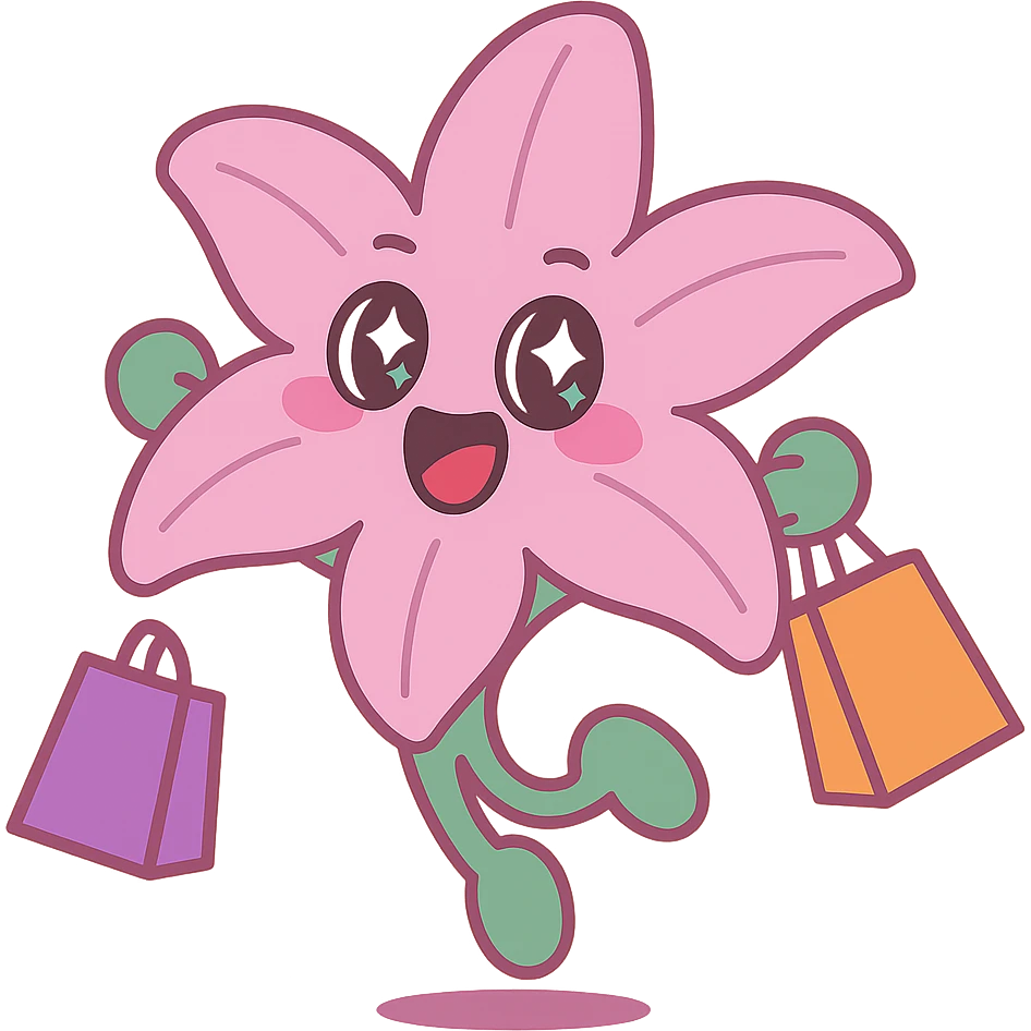 pastel magenta lily flower with sparkling eyes and open mouth, jumping with joy while holding shopping bags, round and bouncy, vibrant toon style emoji