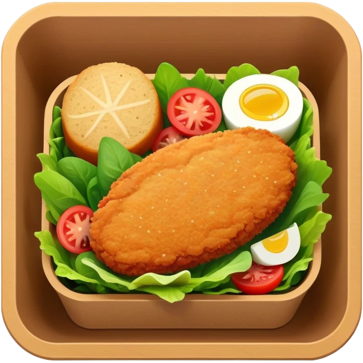 salad in a thin rectangular brown box container. with a chicken cutlet on top emoji