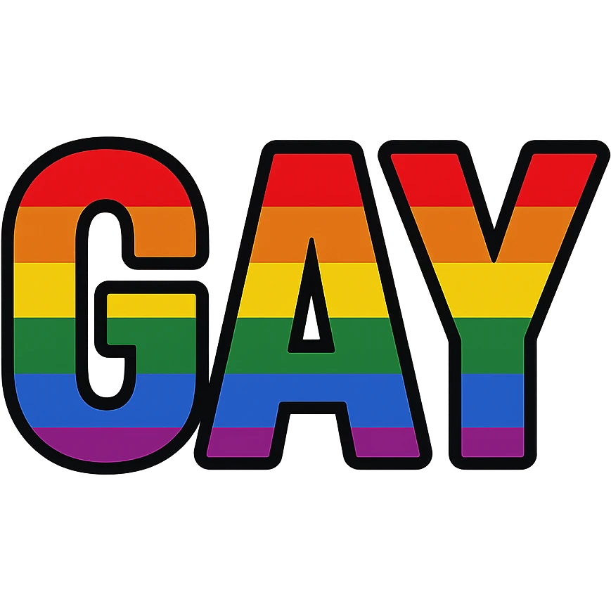 the word GAY with a rainbow flag background emoji