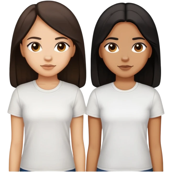 Sisters, light skin with dark brown long hair, tan skin black long hair, and tan skin dark brown short hair, white tee emoji