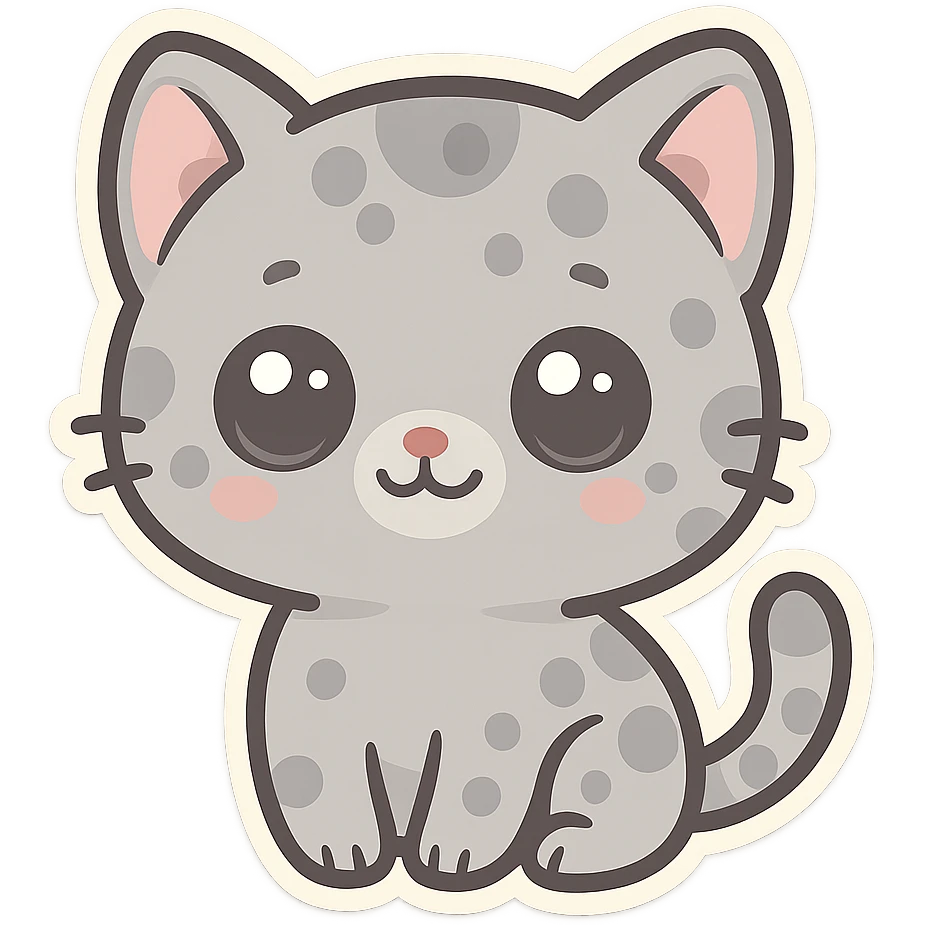 Cute emoji of a small gray cat with black spots, big shiny kawaii eyes, tiny pink nose, and a sweet smiling expression. Minimalist design, clean vector style, high resolution, soft pastel colors, with a transparent background. emoji