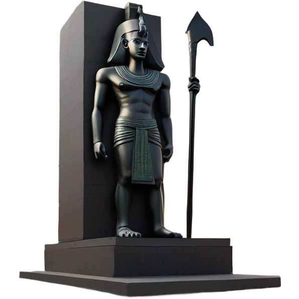 Osiris crook and flail obsidian statue on granite 30 ton brick, massive size, sunlight behind, sunset colors, reflections on black stone polished clean perfect, photography angles emoji
