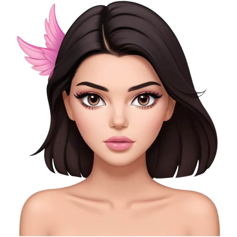 Kendall Jenner model, elongated face, long flowing dark hair, pink glossy lips, pink blush on cheeks, dramatic winged eyeliner, bare shoulders emoji