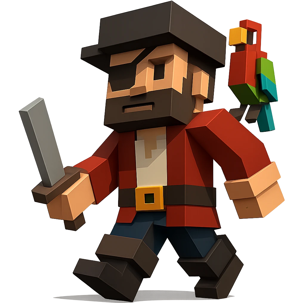 A pirate with an eye patch and a colorful parrot on shoulder, geometric minimalist 3D design emoji