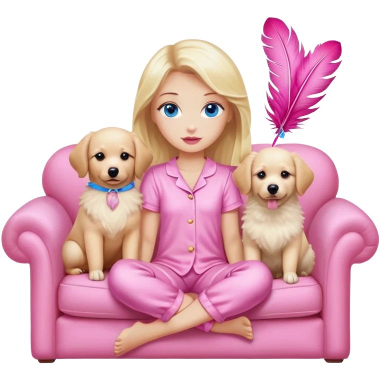 A blonde girl with blue eyes and pink lips with slightly plump cheeks in pink pajamas with feathers sits on a sofa with soft pillows and two Spitz dogs and one Labrador, beige dogs. emoji