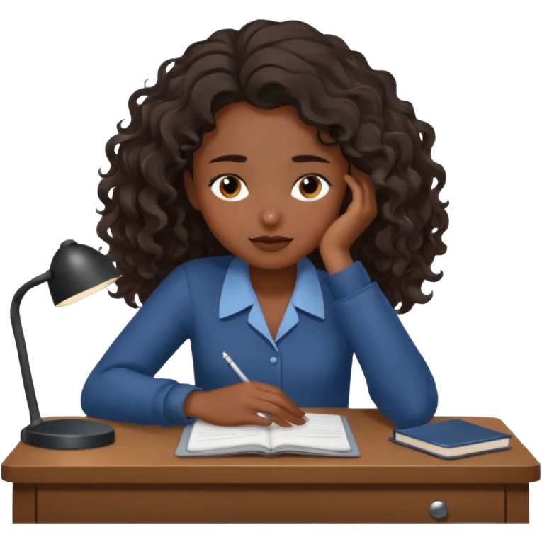 Pretty black model, brown eyes, soft wavy hair, falling asleep at desk emoji