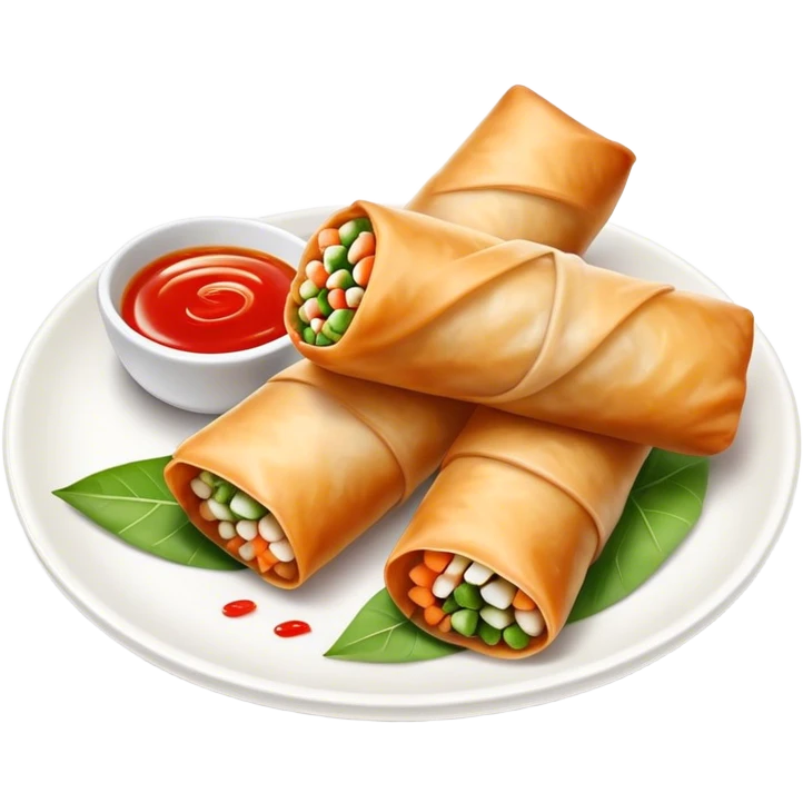 Spring Rolls Cinematic Realistic Spring Rolls Dish Emoji, depicted as 2 perfectly crisp spring rolls served with dipping sauce, rendered with lifelike textures and dynamic, appetizing lighting. emoji