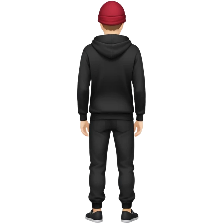 fullbody Mysterious shy caucasian man in black hoodie on head, hands in pockets and black pants rear backview emoji