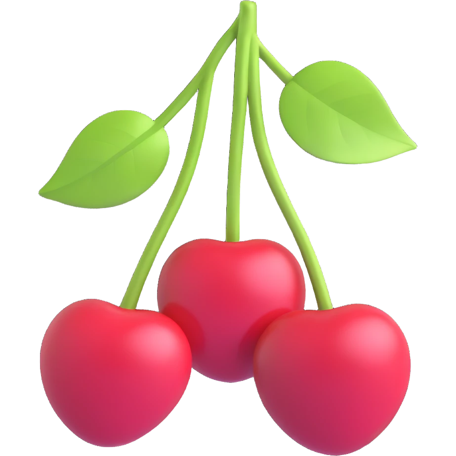 two cherries with green leaves connected by stems, 3D iOS emoji style, depth, shading, glossy finish emoji