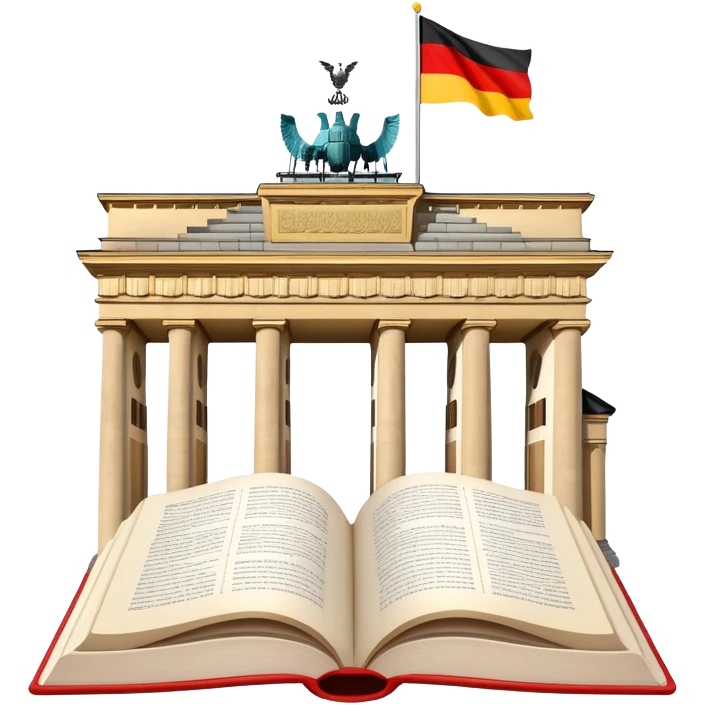 An icon featuring the Brandenburg Gate and the big flag of Germany, symbolizing the German language. The design includes an open book with German text representing language learning and German culture. Transparent background highlights the essence of German heritage. emoji