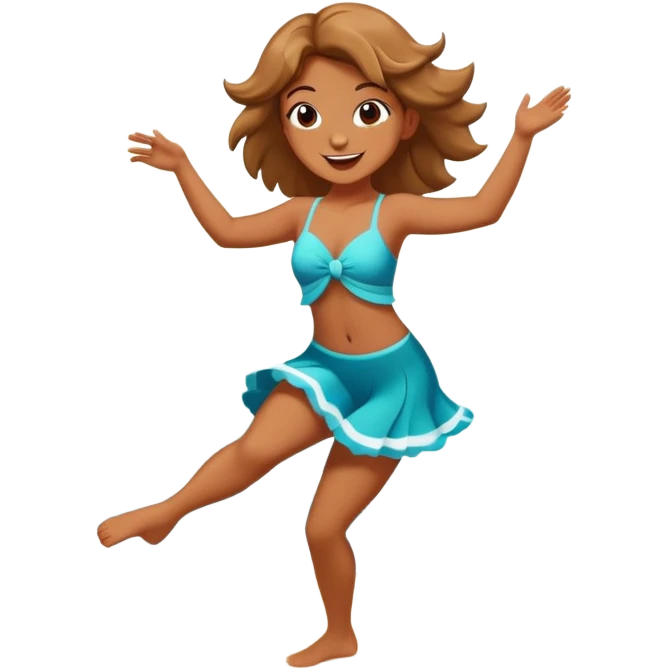 Dancing cartoon character on a sunny beach with sunlight highlighting them, playful pose, ocean waves in background emoji