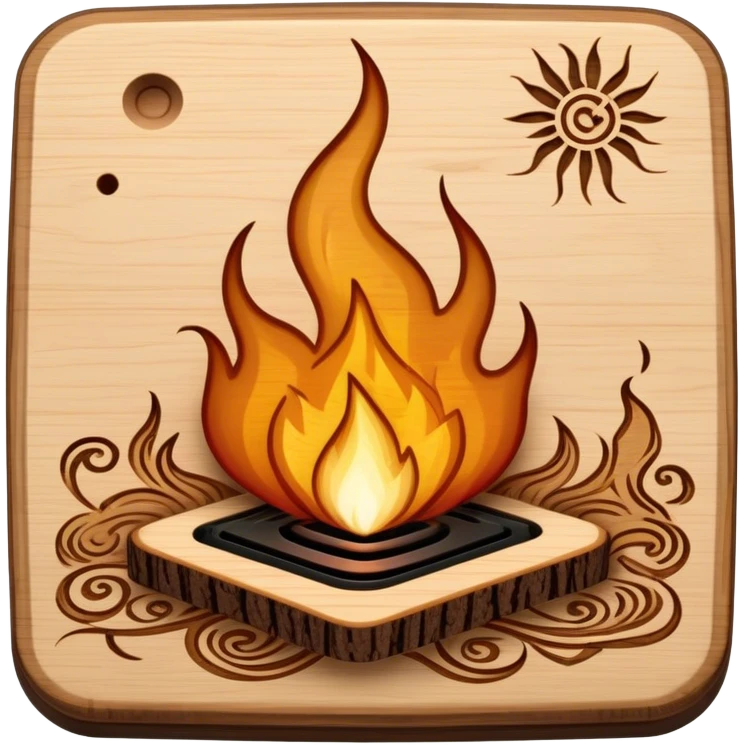 Pyrography icon, wooden board with intricate burn marks, pyrography wood burner in use, detailed patterns, minimalistic style, clean lines, transparent background. emoji
