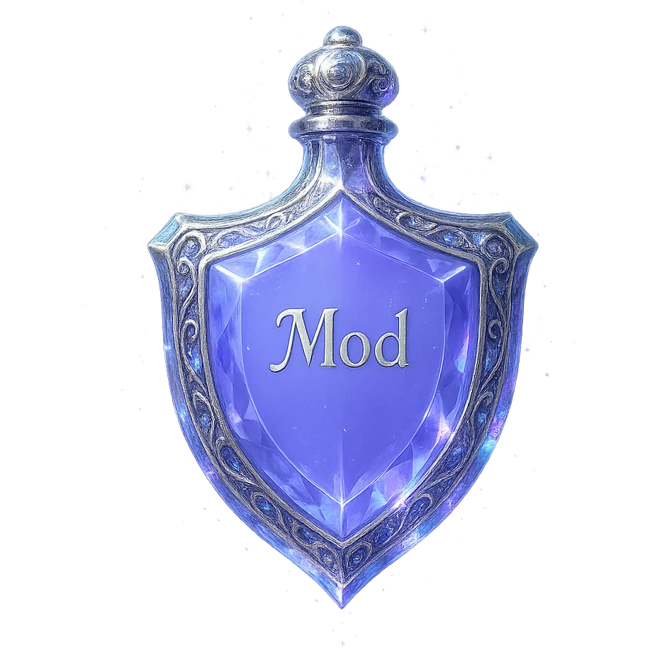 luxurious crystal elixir bottle in shield shape, color #7986cb, ornate silver and iridescent details, very small neck, seamless bottom, floating in air with no base or shadow, modern collection style, magical glowing and sparkling effects, the word 'Mod' written on the bottle, transparent background emoji