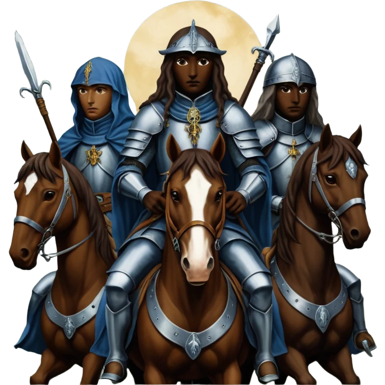 cinematic ultra HD, mysterios style, oil paint - The Four Horsemen of the Apocalypse, based on a graphic by Albrecht Dürer emoji