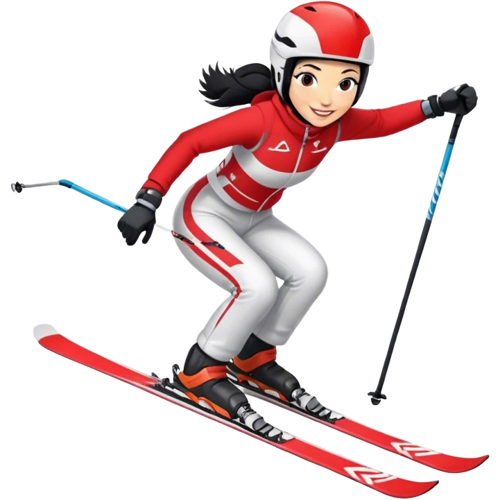 Skifahrerin Abfahrtshocke Anzug rot weiss Name Stephanie Ski Name Head schwarze Haare lächeln  emoji