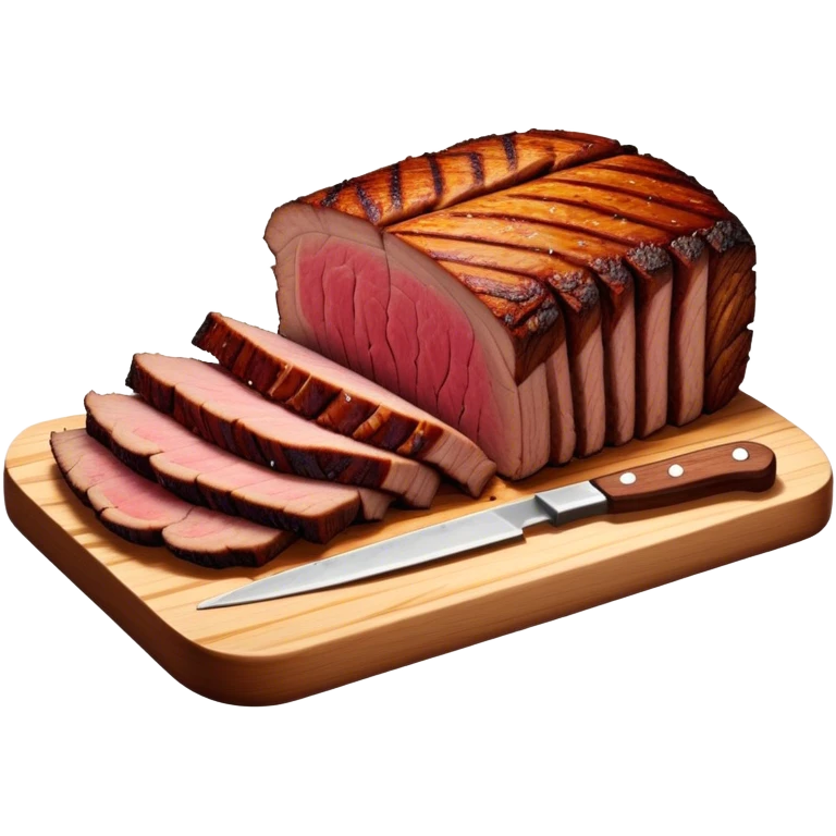 Cinematic smoked brisket, deep mahogany crust, perfectly sliced to reveal juicy marbled meat, warm smoky aroma, served on a wooden board, rich and flavorful, ultra-detailed and appetizing. emoji