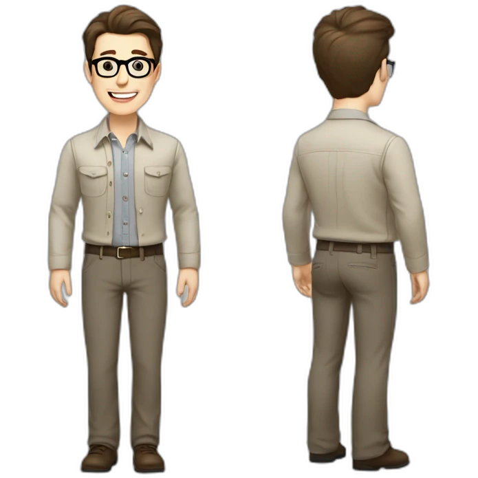 Joyful Full height Pale skinned Fit Man With dark brown hair in gray jacket, beige office shirt, Brown pants and vintage glasses. His thrumbs up emoji