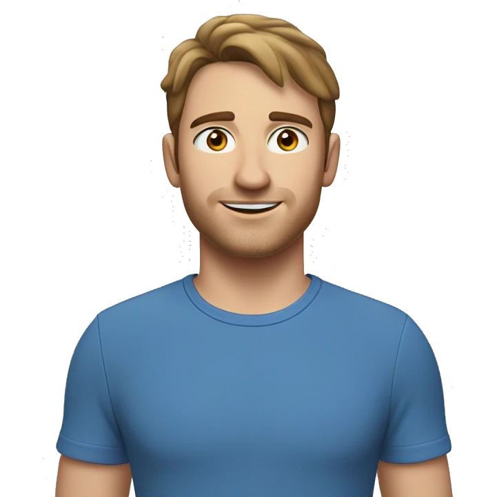 A head and shoulders shot of a 32 year old Caucasian man, with short brown hair,   with blue eyes wearing a t-shirt. emoji