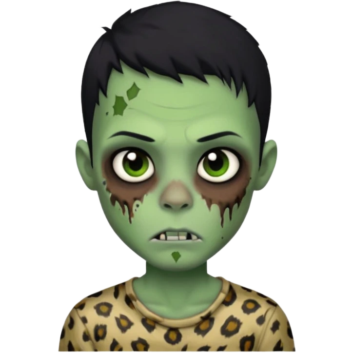 Zombie boy with green skin and sleepy eyes and scars on his face and a shirt that has cheetah texture and black hair emoji