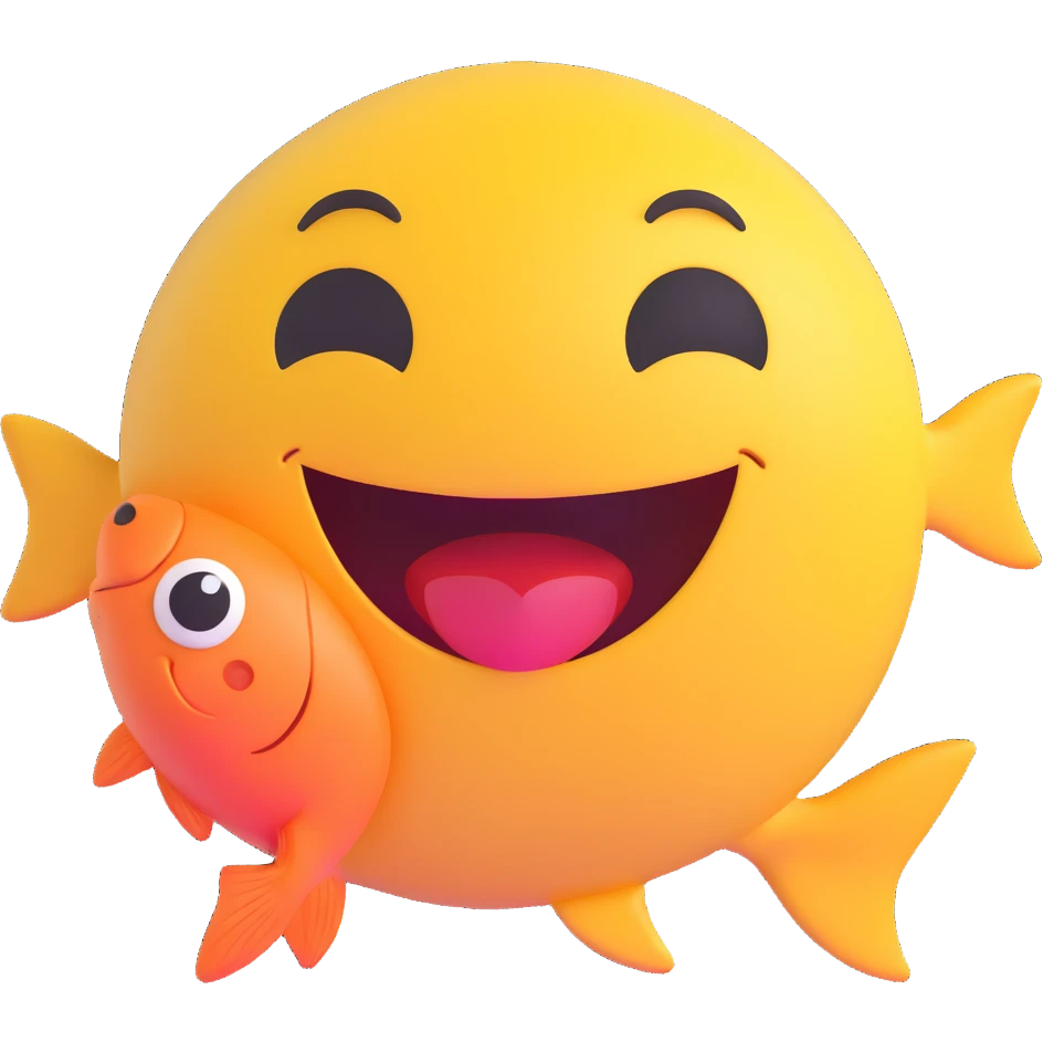 3D smiley emoji, round shape, lucky fish, lucky face emoji