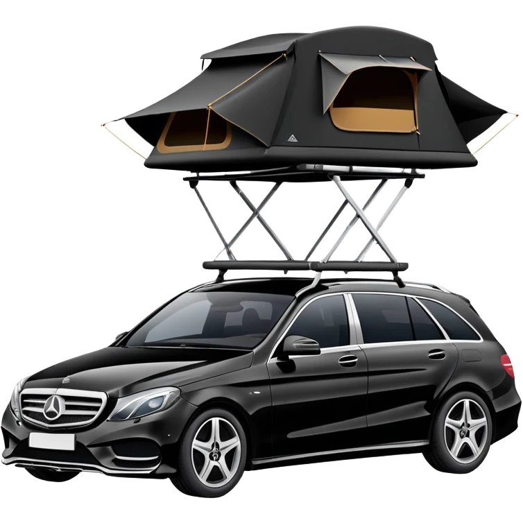 black Mercedes-Benz car with roof tent emoji