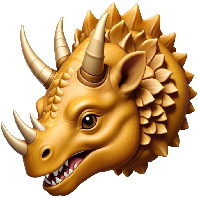 Cinematic Noble Triceratops Portrait Emoji, Poised and formidable, with a robust, stocky build adorned by three prominent horns and a broad, intricately frilled head, exuding ancient strength and wisdom, Simplified yet sharply defined features, highly detailed, glowing with a soft, earthy radiance, high shine, intelligent and stalwart, stylized with an air of prehistoric majesty, focused and resolute, soft glowing outline, capturing the essence of a watchful and confident Triceratops that appears ready to charge out of the screen with effortless power! emoji