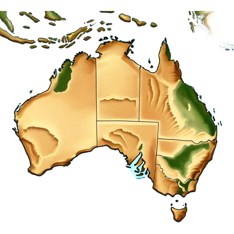Outline and Landmass of Australia – map of Australia, featuring its distinct coastline and iconic landmass shape. The deep blue ocean surrounds the golden-brown continent, with subtle topographic details highlighting its vast deserts, lush forests, and rugged coastline. A soft glow accentuates the edges, making the shape unmistakable. emoji
