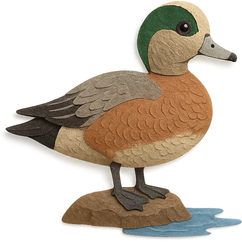 close-up of an American Wigeon in paper craft style, fine paper edges, subtle feather patterns, expressive eye, standing on a rock by water emoji