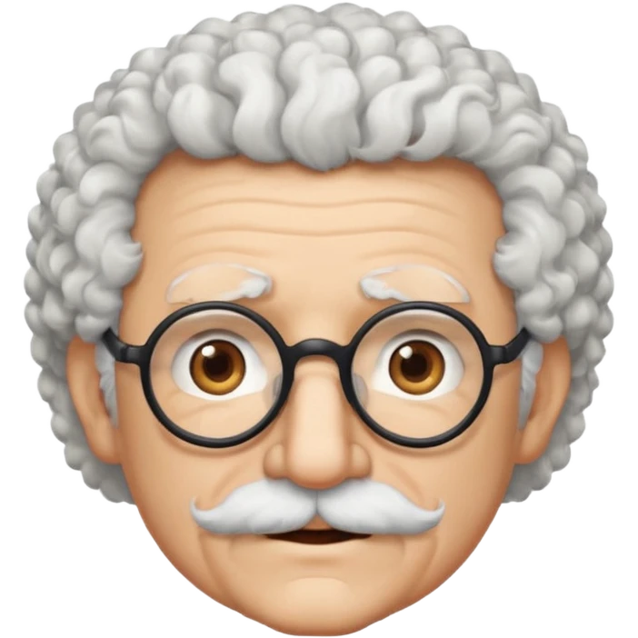 An elderly scientist emoji fluffy curly white hair, brown eyes behind black-framed glasses, a narrow pointed face, and a thin straight white mustache above his mouth. emoji