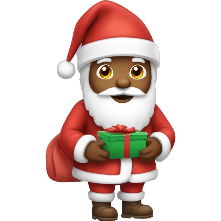 “An adorable full-body Santa in a red suit, fluffy white beard, rosy cheeks, big eyes, and a red hat with a white pom-pom, holding a small gift.” emoji