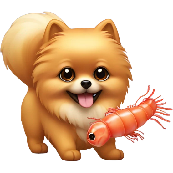 Pomeranian with shrimp toy emoji