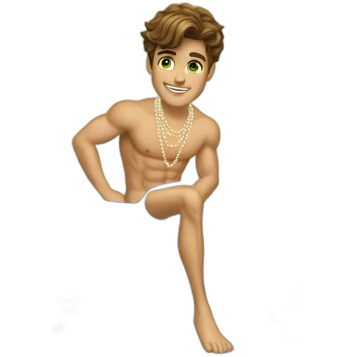 Posh-muscle-boy-brown-hair-green-eyes-pearl-necklace-in-golden-bathtub-legs emoji