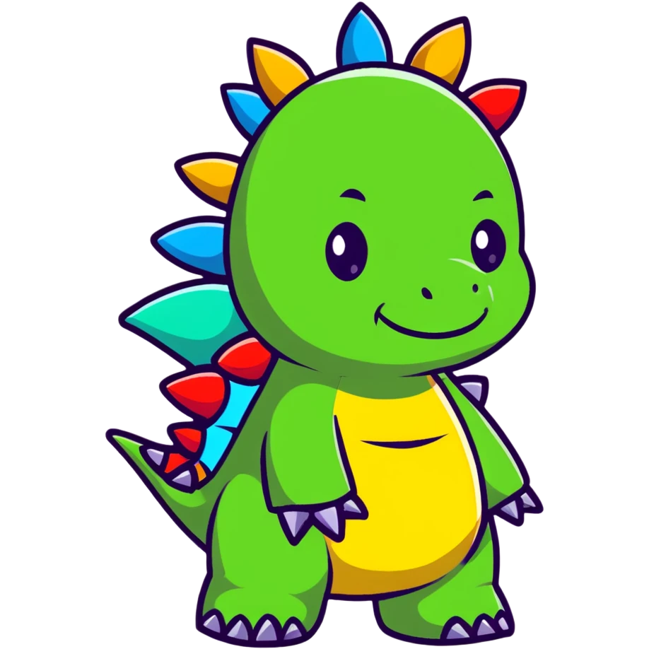 A cartoon baby stegosaurus toy with a cute onesie and tiny colorful spikes emoji