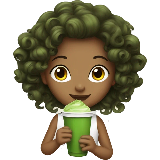 Girl with curls brunnette drinking matcha  emoji