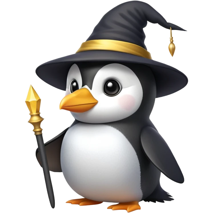 A penguin wearing a wizard hat and holding a magic wand emoji