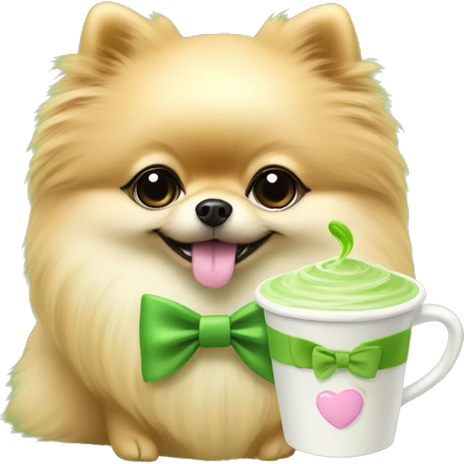Pomeranian with a pink bow holding a matcha latte emoji