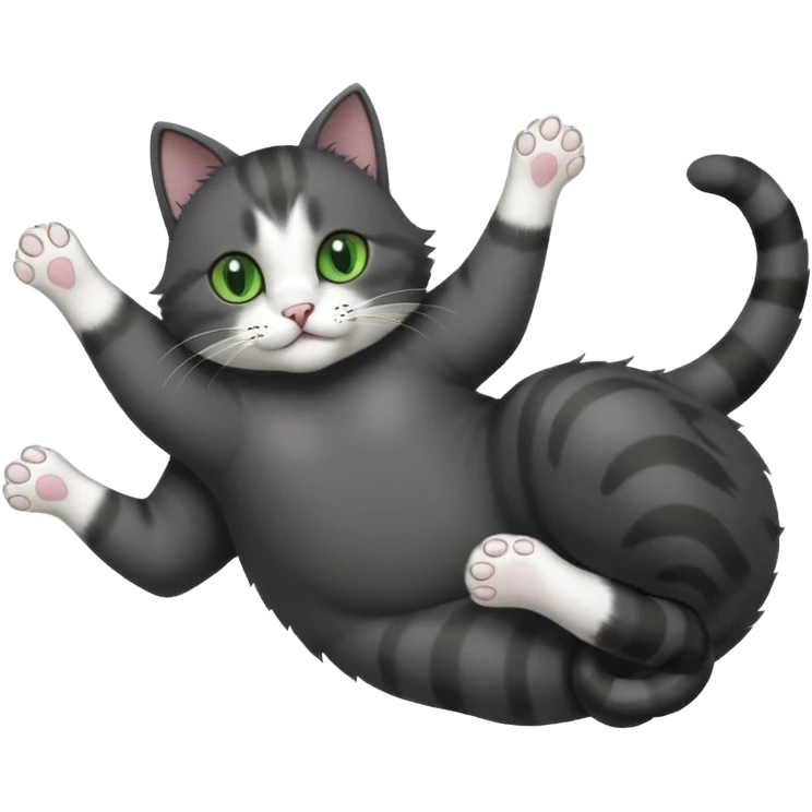 solid dark grey cat with green eyes, white toes/paws and white patch on her chest playfully rolling upside down emoji