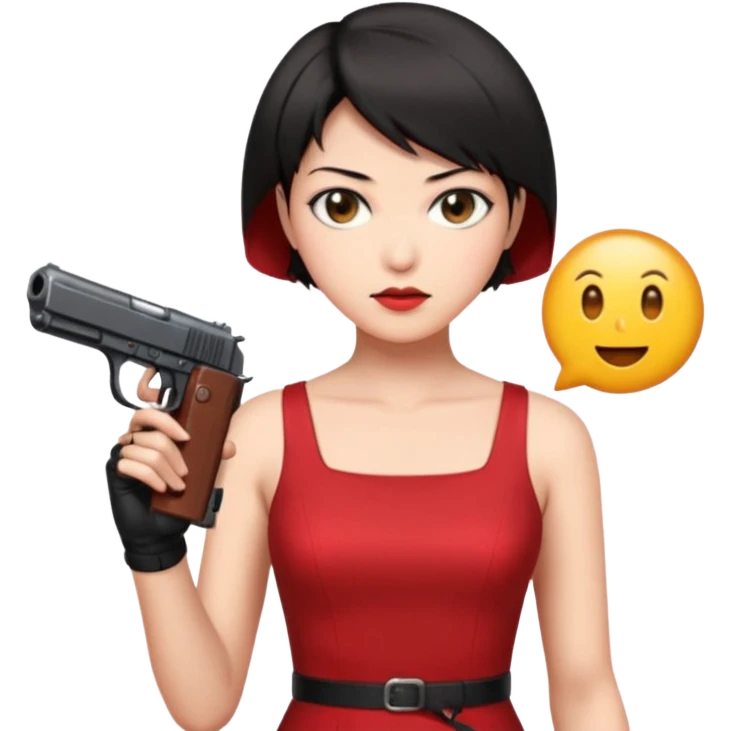 Ada Wong from Resident Evil, stylish woman with short black hair, wearing a red dress and holding a pistol, simple and expressive emoji style emoji