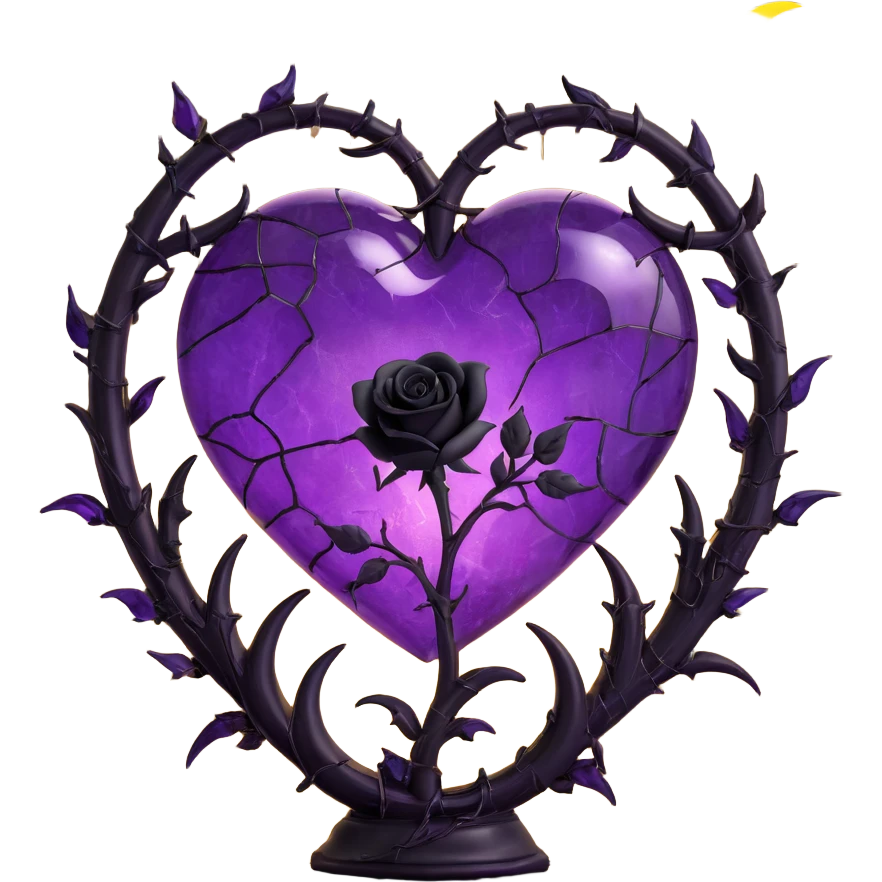 gothic heart made of purple glass with double crescent moons on each side, single black rose stem, branching lightning, gentle mist rain, mosaic cracked glass texture emoji
