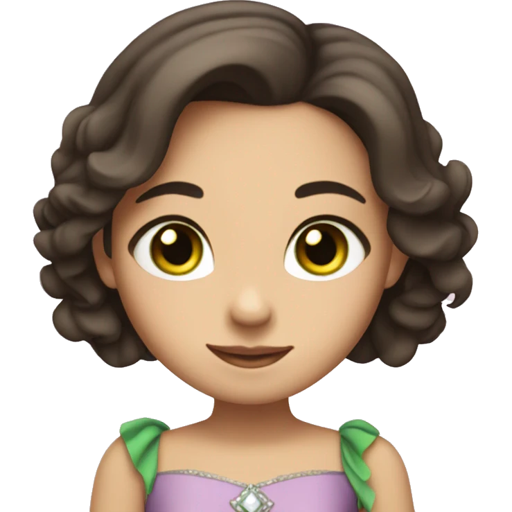 Girl with shoulder length dark brown hair, green eyes, in a princess outfit emoji
