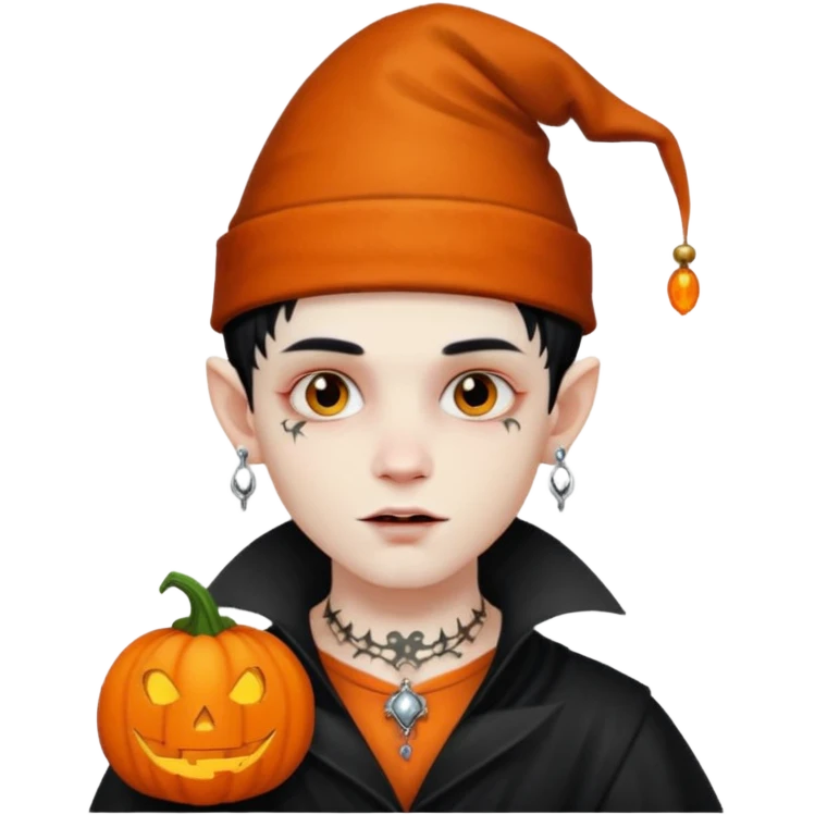 wampire boy with pumpkin hat and face tattooed and extra big earing emoji
