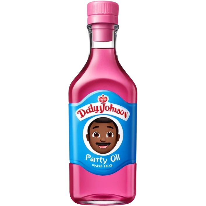 bottle of oil blue top pink outside with logo that says Diddy Party oil Johnson and Johnson  brand with a smiling berry on top emoji