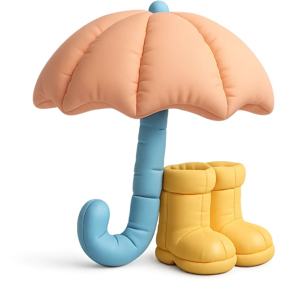 plush umbrella and rain boots, stylized and soft, playful colors, cushion style emoji
