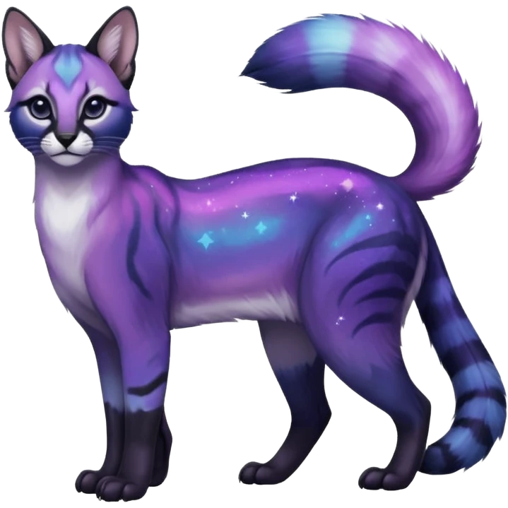 Colorful black-violet-indigo-purple-gradients nebulae nebula starry galactical shiny tropical pale light fruity pastel white glorious iridescent divine exotic cute cool beautiful realistic antasy-caracal-civet-genet-sergal-vernid-Cacomistle-Trico-oncilla-animal-Fakémon-hybrid-fursona (full body) emoji