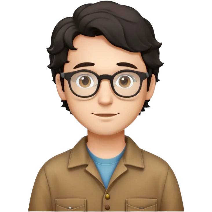 Young caucasian man with black wavy hair, round glasses, wearing brown carpenter outfit with shirt underneath emoji