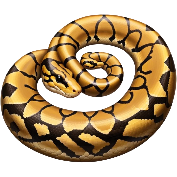 A photo-realistic top-down view of a Ball Python gently coiled into a tight spiral, with its head resting peacefully at the center. The pattern flows smoothly around the curves of its body, emphasizing its natural camouflage and calm demeanor. emoji